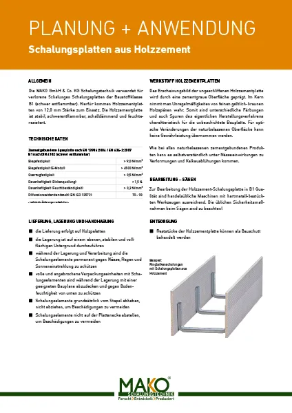 MAKO Planung + Anwendungshinweise für Schalungen aus Holzzement